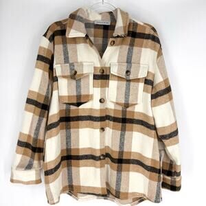 Wanna B Me Plaid Shacket Brown Cream Tan Button Front Size L
